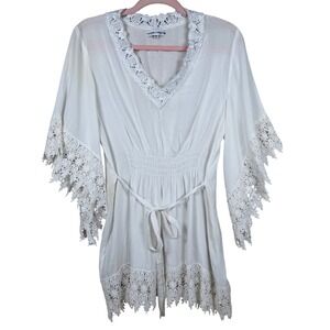 Passion Concept White Crochet Lace Trim Smocked Waist Bell Sleeve Tunic Top M